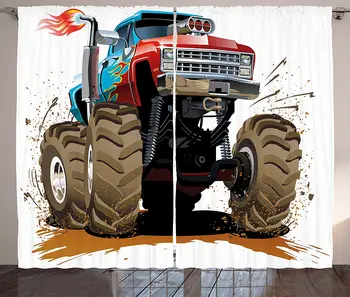 Vyras Urvas Užuolaidos Monster Truck Taškomo Purvo Grafinis Dizainas Liepsna Mašinos Variklis su Ratais Kambarį Miegamojo Lango Užuolaidų dizainas
