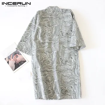 Vyrų Derliaus Spausdinti Rūbeliai Pusė Rankovėmis V-Kaklo Nėrinių Nightgowns Atsitiktinis Kimono Nightclothes Vyras Minkštas Homewear Chalatai INCERUN