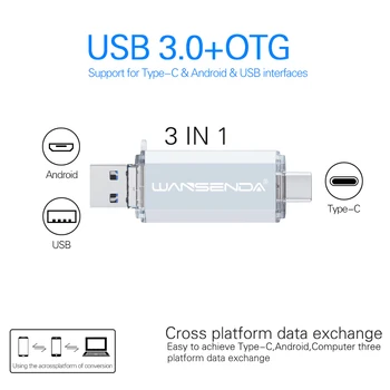WANSENDA OTG USB Flash Drive 3 in 1 USB3.0 & Type C & Micro USB Pen Drive 32GB 64GB 128GB 256 GB 512 GB Pendrive USB 
