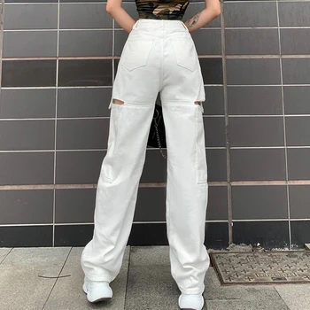 Weekeep Mados Tuščiaviduriai Iš Baltos spalvos moteriški Džinsai Streetwear Didelis Juosmens Mygtuką Džinsinio audinio Kelnės Derliaus Tiesiai Harajuku Krovinių Kelnės