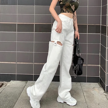 Weekeep Mados Tuščiaviduriai Iš Baltos spalvos moteriški Džinsai Streetwear Didelis Juosmens Mygtuką Džinsinio audinio Kelnės Derliaus Tiesiai Harajuku Krovinių Kelnės