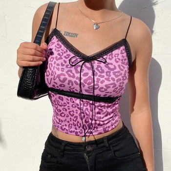 Weekeep Nėrinių peteliškę Iki Pink Leopard Viršūnes Liesas V-kaklo Derliaus Viršuje Rankovių Backless Moterų Camis Atsitiktinis Seksualus Rave vakarėlių Drabužiai