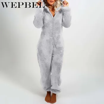 WEPBEL Moterų Gobtuvu Dirbtiniais Kailiais Jumpsuit Pižama Rudenį, Žiemą Šiltas, Mielas Lokys Rompers Ponios Namų Drabužiai Bendras Outwear Sleepwear