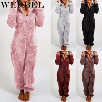 WEPBEL Moterų Gobtuvu Dirbtiniais Kailiais Jumpsuit Pižama Rudenį, Žiemą Šiltas, Mielas Lokys Rompers Ponios Namų Drabužiai Bendras Outwear Sleepwear
