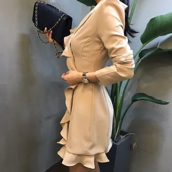 WHITNEY WANG 2017 m. Rudenį Elegantiškas Įpjovomis Dvigubo breasted Raukiniai Apvalkalą Mini Suknelė Moterims Office Lady Suknelė