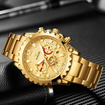 WWOOR Prekės 2020 Vyrų Laikrodžiai Chronograph Kvarcas Analog Šviesos Aukso Nerūdijančio Plieno Vyrų Riešo Žiūrėti Auksinis Laikrodis Vyrams