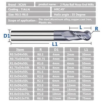 XCAN Kamuolys Nosies Pabaiga Malūnas 2 Fleita R0.5-R6.0 Karbido Frezavimo Cutter HRC 45 CNC mechaninio Apdirbimo Įrankiai Maršrutizatorius Tiek