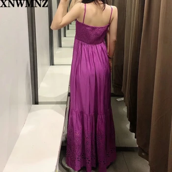 XNWMNZ za Moterų 2020 M. Elegantiškos Mados Cutwork Siuvinėjimo Susiėmę Midi Suknelė Vintage Elastiniai Smocked Reguliuojami Dirželiai Moterų Suknelės