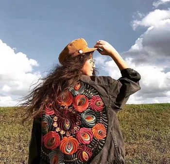 YAMDI Negabaritinių multi gėlių Aplikacija Džinsinio Striukė derliaus prarasti striukė džinsinio audinio paltai moterims 2020 nauja rudens žiemos boho kailis