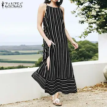 ZANZEA Bohemijos Suknelė Moterims Vasaros Sundress Sarafans Ilgas, Maxi Vestidos 2020 M. Derliaus Dryžuotas Aukštos Padalinta Paplūdimio Atostogų Suknelės