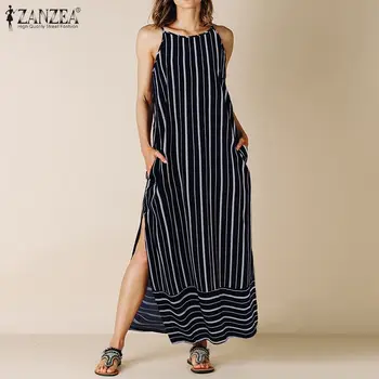 ZANZEA Bohemijos Suknelė Moterims Vasaros Sundress Sarafans Ilgas, Maxi Vestidos 2020 M. Derliaus Dryžuotas Aukštos Padalinta Paplūdimio Atostogų Suknelės