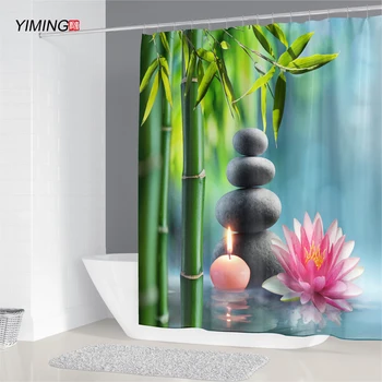 Zen dušo užuolaidos vonios apdaila 3D bambuko tekančiu vandeniu, žalia bambuko Buda dušo užuolaidos vandeniui miltligė, užuolaidos