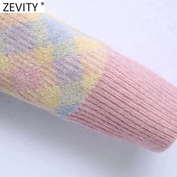 Zevity 2021 Moterų V-Kaklo Geometrinis Spausdinti Atsitiktinis Trumpas Mezgimo Megztinis Femme Prabangus Diamond Mygtukus, Susagstomi Megztiniai, Retro Palto Viršūnes S603