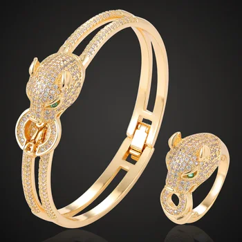 Zlxgirl prekės Guangdong vario leopard gyvūnų bangle ir žiedas, papuošalų rinkiniai klasikinės moterų mados bangle apyrankės bijoux žiedas
