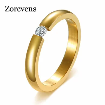 ZORCVENS Aukso Spalvos Nerūdijančio Plieno Žiedai Apvalios, Cirkonio Kristalų Piršto Žiedai Moterims Vestuvių Papuošalai