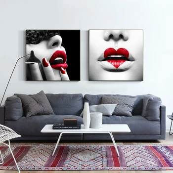 Šiuolaikinės Sexy Raudona Lūpų Specialios Lūpų Makiažas Drobės Tapybos Juodos Ir Baltos Sienos Meno Nuotraukas Kambarį Namų Dekoro Plakatai HD