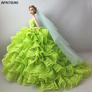 Žalia Nėriniai, Rankų Darbo Vestuvinė Suknelė Barbie Lėlės Drabužių Komplektus Vakare Šalies Kamuolys Ilga Suknelė Sijonas Nuotakos Suknelė Priedai