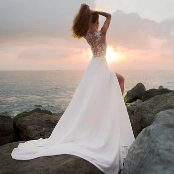 Žavinga Vestuvių Suknelės 2021 Boho Ritininės Nuotakos Suknelė O-kaklo, Rankovių Nėrinių Aplikacijos Balto Dramblio kaulo Vestuvių Suknelės